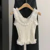Colete de Tricô com Gola Redonda Franzida, de Botão Único, Sem Manga, para Mulheres, Estilo Coreano de Verão, Versátil, Slim, Curto, Camisola