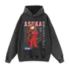 Moletom com capuz preto lavado e desgastado com estampa de anime, estilo retrô americano, caimento solto, moletom de marca moderno para outono e inverno