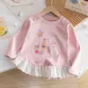 Camiseta de Manga Larga con Estampado de Oso y Conejo Blanco Leche con Volantes de Encaje en el Dobladillo Top para Cumpleaños de Niña Primavera y Otoño