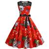 [Navidad] C6067 Vestido de encaje con cuello redondo, sin mangas, estampado retro, de gran tamaño, para mujer