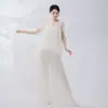 Blusa Feminina de Dança Clássica Gola Redonda Cadarço Bainha Bud Mangas Flare Nova Chinesa Solta Fluida Roupas de Prática de Dança Chinesa