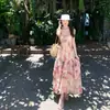 "Balet Wild Rose" Vestido Francês Rosa com Gola para Mulheres, Estilo Férias de Verão, Vestido Longo de Alcinha Emagrecedor com Tecido Transparente Estampado
