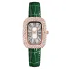 Relógio de Pulso Feminino Quartz Oval Cravejado de Cristais de Luxo, Pulseira de Couro Preta Ouro Rosa Bling para Vestir
