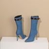 Zapatos de Mujer Transfronterizos Otoño e Invierno Nueva Moda Botas Talla Grande Europea y Americana Puntiagudos de Mezclilla de Media Caña con Hebilla de Cuero y Tacón Alto Delgado
