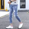 Jeans masculino rasgado verão 9 pontos slim fit perna fina estilo coreano moderno 8 pontos calça masculina marca moderna verão fino