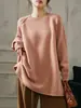 Suéter de lã pura macia com mangas raglan, novo, para outono e inverno, plus size, para mulheres, gola redonda, blusa solta de comprimento médio, casaco estilo casual