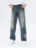 Jeans Masculino Retrô Americano High Street Lavado Desgastado Perna Reta Bolso Grande, Calça Casual Solta com Design Nicho de Outono