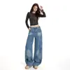 Jeans Laranja#Cáqui Infantil Relaxado de Perna Larga Feminino Cintura Alta Solto Emagrecimento Escondendo Defeitos Casual Versátil Calça Banana