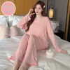 Pijama de Modal para Mujer con Almohadilla en el Pecho Primavera y Otoño Delgado de Manga Larga Estilo Simple Talla Grande para Gordita Traje de Ropa para el Hogar