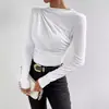 Transfronterizo 2025 Europeo y Americano Color Puro Delgado Camiseta Interior Versátil Diseño Plisado Camiseta de Manga Larga Top para Mujer