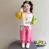 Conjunto de Moletom Color Block com Estampa de Gatinho para Meninas, Novo Conjunto Fashion de Duas Peças para Meninas Pequenas para Primavera e Outono 2026