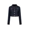 Chaqueta de Mezclilla Azul Oscuro Vintage UNBDNS para Mujer, Nuevo Top Corto de Manga Larga Abotonado Otoño/Invierno Ajustado con Hombros Rectos