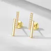 Brincos de Prata Esterlina S925 com Design Simples de Linha Única Cravejada de Diamantes, Estilo Europeu e Americano, Linhas Geométricas de Dupla Fileira, Brincos Pequenos e Elegantes