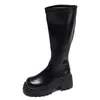 Botas de plataforma de tacón grueso estilo británico negro, botas altas para mujer, nuevas botas de jinete para otoño 2026 que adelgazan y aumentan la altura