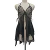 Lingerie Sexy, Camisola Sexy Estilo Francês com Bordado de Borboleta e Gola Halter com Tiras, Estilo Pura Luxúria, Camisola de Tule Transparente com Fenda Frontal