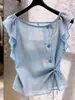 Nuevo Top Azul de Verano 2026 para Mujer con Botones, Volantes y Lazos, Cómodo, Versátil, Casual, Elegante de Manga Corta