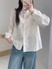 Camisa bordada suave estilo francés para mujer, de manga larga, blanca, cuello mao, top elegante y estilizado, blusa estilo jacquard