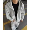 Moletom desconstruído cinza claro para homens, estilo coreano de outono, cardigã pesado moderno de corte solto, jaqueta com capuz casual esportiva para casais