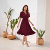 Vestido Casual de Amazon Transfronterizo con Cuello en V, Cintura Alta y Lazo con Pompones, Manga Corta para Vacaciones y Viajes, Vestido de Playa