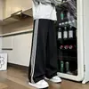 Calça casual masculina com três listras, novo estilo primavera/outono, streetwear americano, calça longa reta solta moderna e confortável