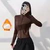 Jaqueta de Yoga Feminina com Forro de Fleece para Outono e Inverno Gola Alta Zíper Cintura Ajustada Slim-Fit Roupa Fitness Polegar Espessado Fleece Top Esportivo