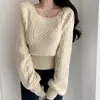 Suéter de tricô com tranças, gola quadrada francesa e mangas tipo lanterna, estilo casual para mulheres, acinturado, afina a silhueta, pulôver solto de manga longa