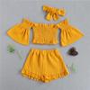 Conjunto de Moda Feminino Verão Ombro a Ombro Manga Sino Top Shorts Faixa de Cabelo Conjunto de Três Peças