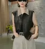 Elegante chaleco sin mangas de PU con solapa desmontable para mujer, nueva moda versátil de otoño 2026, top tipo chaqueta de cuero