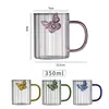 Vaso de Vidrio con Moño y Rayas Verticales, Vaso de Vidrio Grueso Estilo Ins para Chicas, Vaso de Leche con Rayas, Vaso con Asa de Mariposa