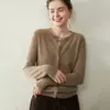 Cardigã de cashmere clássico com gola redonda para mulheres, top de tricô macio e versátil, casaco suéter solto