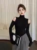 Blanco de cuello alto, capa interior de hombros descubiertos, suéter de punto, camiseta de manga larga para mujer otoño/invierno, top elegante y con estilo