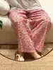 Calça de algodão tramado floral vintage multicolorida de perna larga para mulheres, solta e respirável, adequada para usar em casa e como calça de dormir