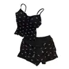 Pode Ser Usado Fora, Pijama Puro e Desejável com Estampa de Laços Estilo Menina, Estilo Verão Feminino com Bojos, Shorts de Alça, Conjunto de Três Peças para Casa