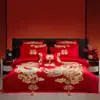 Juego de Cuatro Piezas de Boda de Lujo Estilo Chino Dragón y Fénix, Ropa de Cama Bordada de Algodón Puro para Boda, Colcha Roja de Dote, Ropa de Cama para Habitación de Boda