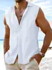 Camisa Chaleco sin Mangas de Lino y Algodón para Hombre Verano Europeo y Americano Solapa Holgada Color Sólido Cardigan Chaleco Casual Vacaciones en la Playa