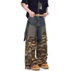 Jeans Americanos Lavados Desgastados para Hombre, Jeans de Trabajo Sueltos Camuflaje Desgastados Retro de Dos Piezas Falsas para Hombres y Mujeres