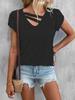 Camiseta holgada con mangas de pétalos y cuello en V de color sólido para mujer nueva estación independiente TEMU transfronteriza de Europa y Estados Unidos primavera y verano 2023
