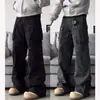 Calça Jeans de Bolso Múltiplos estilo Americano, acabamento escovado, corte Cleanfit para Homens, Nova Calça Cargo Versátil de Corte Reto Solto para Primavera e Outono