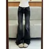 Tendencia de chica picante estilo americano petite retro azul tiro bajo microcampana jeans para mujer elásticos ajustados levanta glúteos pantalones largos