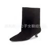 Botines de Piel de Vaca Tacón Gato Caña Ancha para Mujer Botas Individuales Otoño Invierno Nuevas Punta Cuadrada Tacón de Aguja Sin Cordones Botas de Moda Botines de Piel Genuina para Mujer