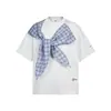 Camiseta de Manga Corta Estilo Retro Americano con Chal a Cuadros y Lazo para Hombre y Mujer Marca Trendy High Street Diseño Holgado Sentido del Diseño Camiseta de Media Manga para Pareja