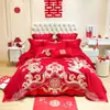 Nuevo juego de cuatro piezas de estilo chino para boda en rojo brillante con bordado, colcha bordada para habitación de boda, funda de edredón de boda, juego de ropa de cama 4