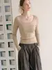 Top de Punto Puramente Atractivo con Escote en U y Pedrería para Mujer, Otoño de Gama Alta Ajustado que Ceñe la Cintura Elegante y Exquisito