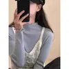 Camisa básica feminina de malha com gola alta e barra franzida para primavera e outono, modelagem justa, ombro normal, manga longa, modelo novo 2026