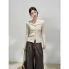 Cárdigan de Punto Hueco Acanalado de Manga Larga para Mujer, Atmósfera Otoño/Invierno, Elegante Suave y Esponjoso, Top Base Ajustado con Cuello en V Plegado