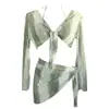 2024 Puro Desejo Garota Sexy Fenda Tie-Dye Verde Clareador Manga Longa Proteção Solar Saia Pareô Biquíni Roupa de Banho para Mulheres