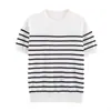 Para Venta al por Mayor Transfronteriza Verano 2025 Nueva Camiseta de Manga Corta a Rayas para Mujer Cuello Redondo Bloqueo de Color Base Holgada Delgada Superior