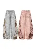 Estampado de letras retro americano, estampado de leopardo con diamantes de imitación, nuevos pantalones casuales versátiles para mujer de verano, pantalones holgados con dobladillo curvo y teñido sucio