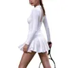 Ropa deportiva de tenis transpirable de manga larga ajustada con media cremallera transfronteriza para mujer, alta elasticidad, falda de tenis plisada de cintura alta anti-exposición