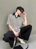 Camisa Polo de Manga Corta Rayas Negras Directo de Fábrica Verano Retro Americano Marca de Moda Camiseta Guapo Rebelde Cuello de Solapa Superior de Moda